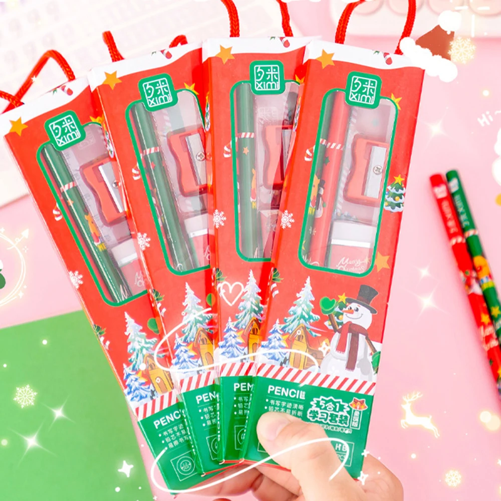 5pcs Christmas Stationery Gift Set Including ruler pencil eraser sharpener Writing Supplies Christmas Gift Prize Student Gift