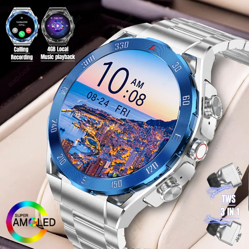 

2024 New AMOLED Smart Watch Men GPS Tracker 4GB Local Music Playback HD Recording 3 In1 Voice Call Smartwatch For Huawei Xiaomi