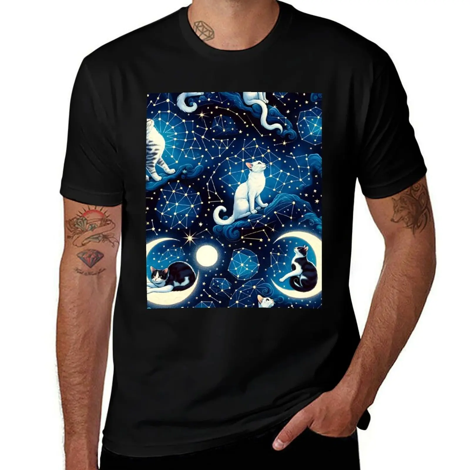 

Mystic Moonlight Felines - Celestial Cat Constellation Fabric T-Shirt man t shirts for men funny t shirts cotton T-Shirt