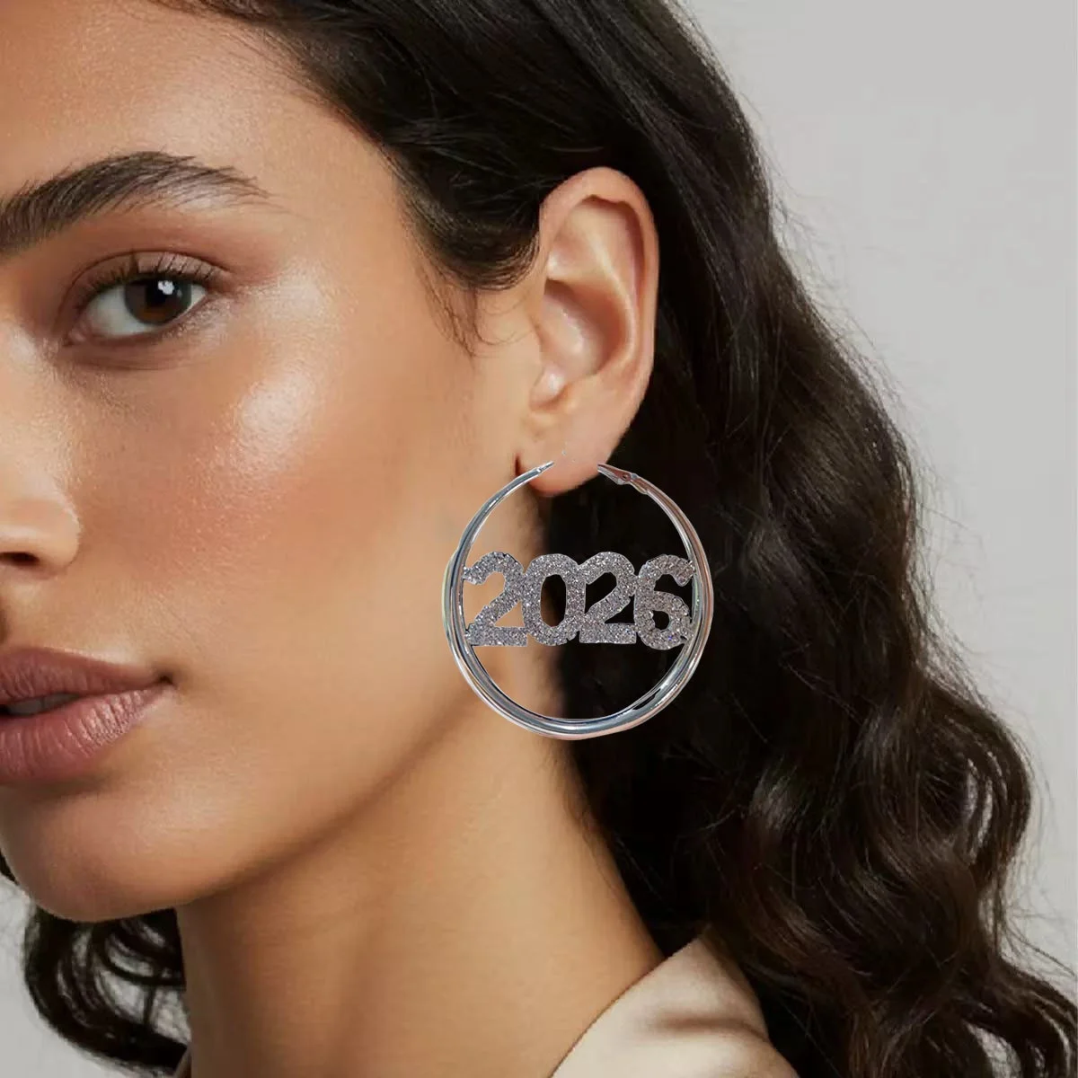 Sparkly Rhinestone Year 2026 Hoop Earrings for Women Gift Crystal Hollow Round Earrings Statement Drop Earrings Jewelry