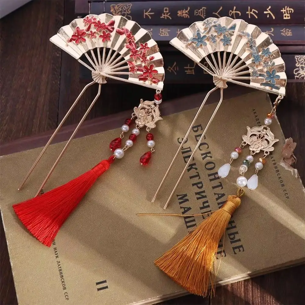 Elegant Fan Shape Tassel Hairpin Alloy Pearl Accent Hair Stick Neo-Chinese Styl Retro Pearl Hair Fork Evening Wear