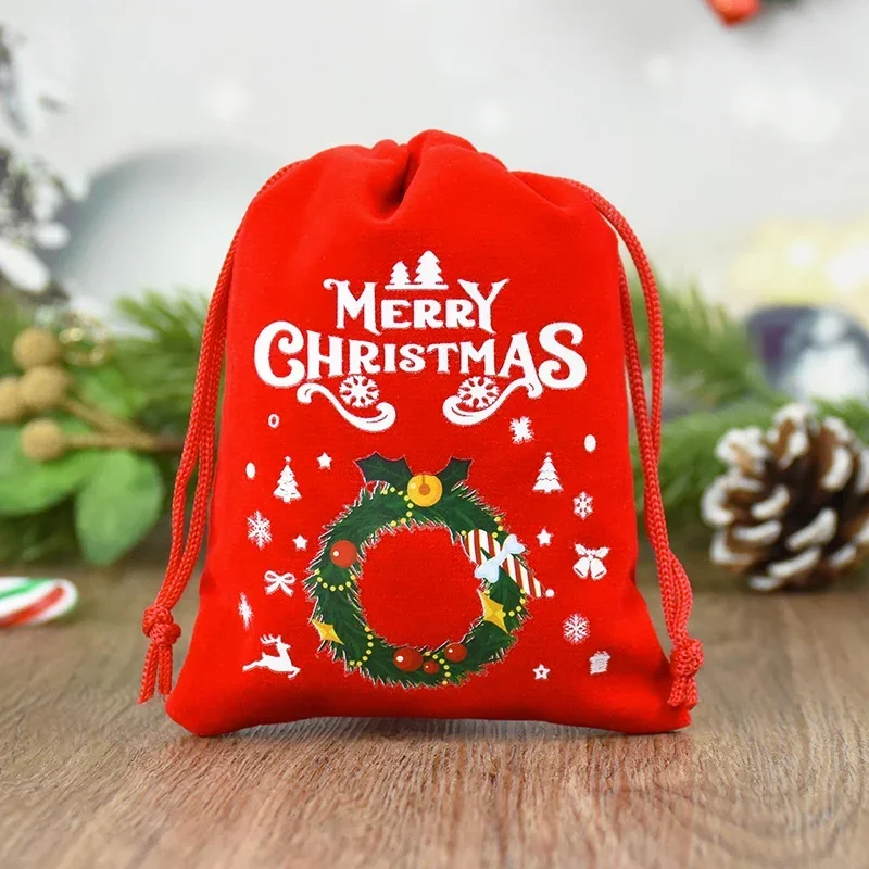 5 teile/los Weihnachten Muster Samt Taschen 9x12 15x20cm kleine Weihnachten Süßigkeiten Geschenk Tasche Kordel zug Beutel Boutique Schmuck Verpackung Taschen – Detail 15