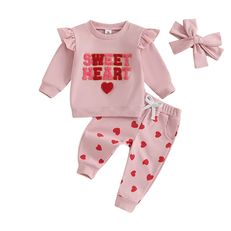 Baby Girls Valentine Outfits Letter Embroidery Ruffles Long Sleeves Sweatshirt and Heart Print Pants Headband