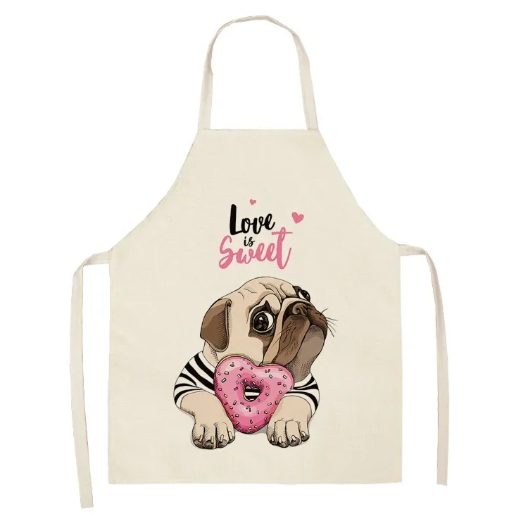 Cute Donut Pug Print Sleeveless Apron Cotton Linen Kitchen Utensils Household Baking Studio Anti Dirt Coat Waist