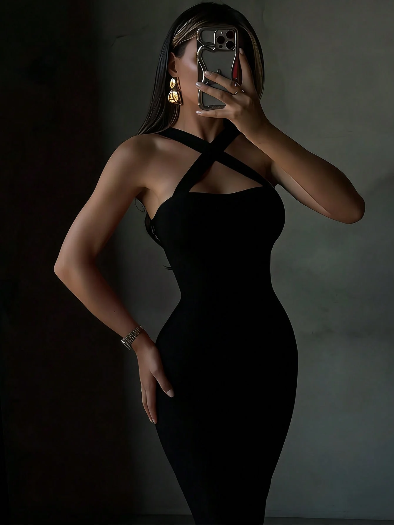 Sexy schwarzes geripptes Midi-Bodycon-Kleid mit Neckholder für Damen, Bandagenkleid, elegantes Abendkleid für Cocktailpartys im Sommer