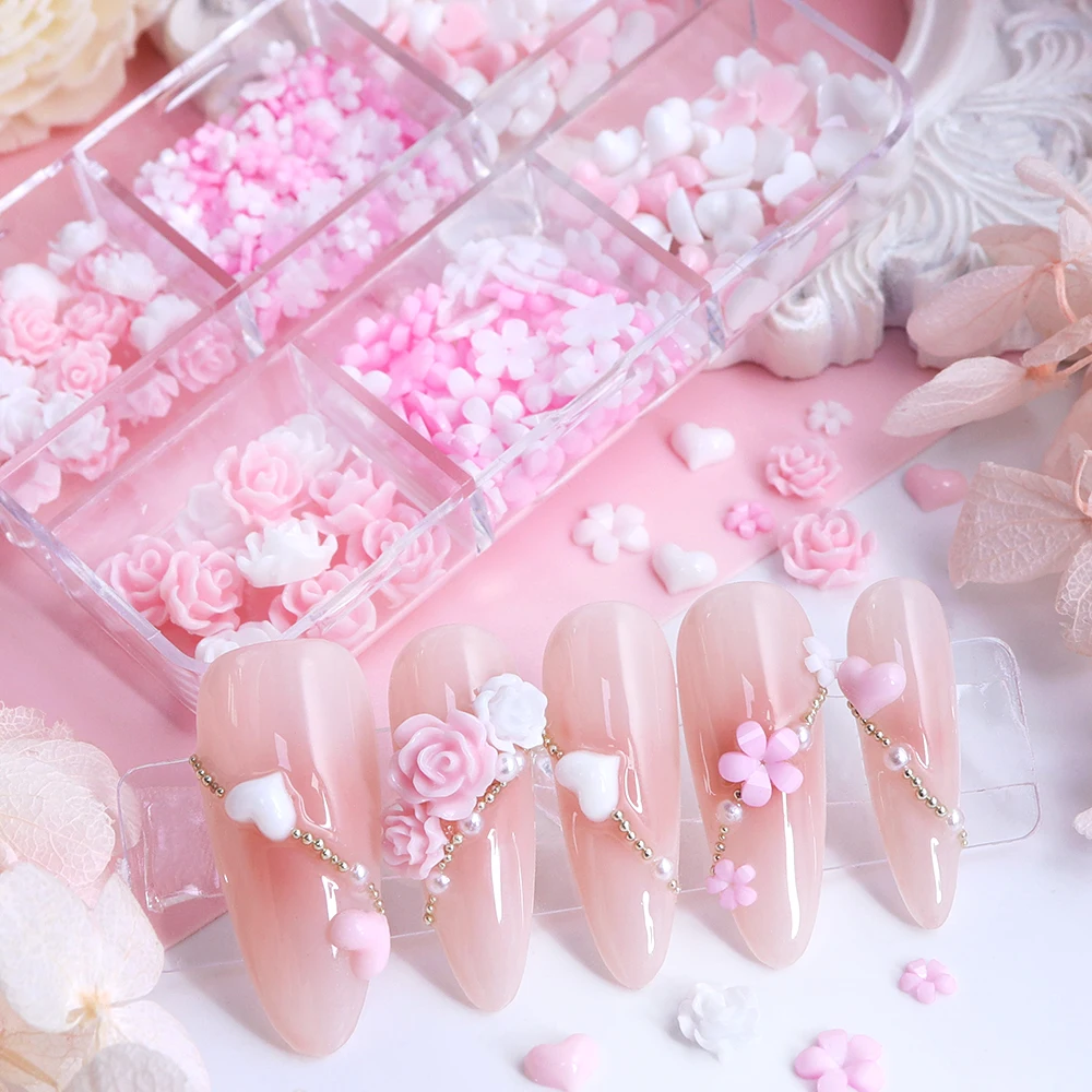 Romantic Camellia Flower Nail Art Charms Korean Manicure Decorations Pink White Flowers Love Heart Resin DIY Nails Accessories