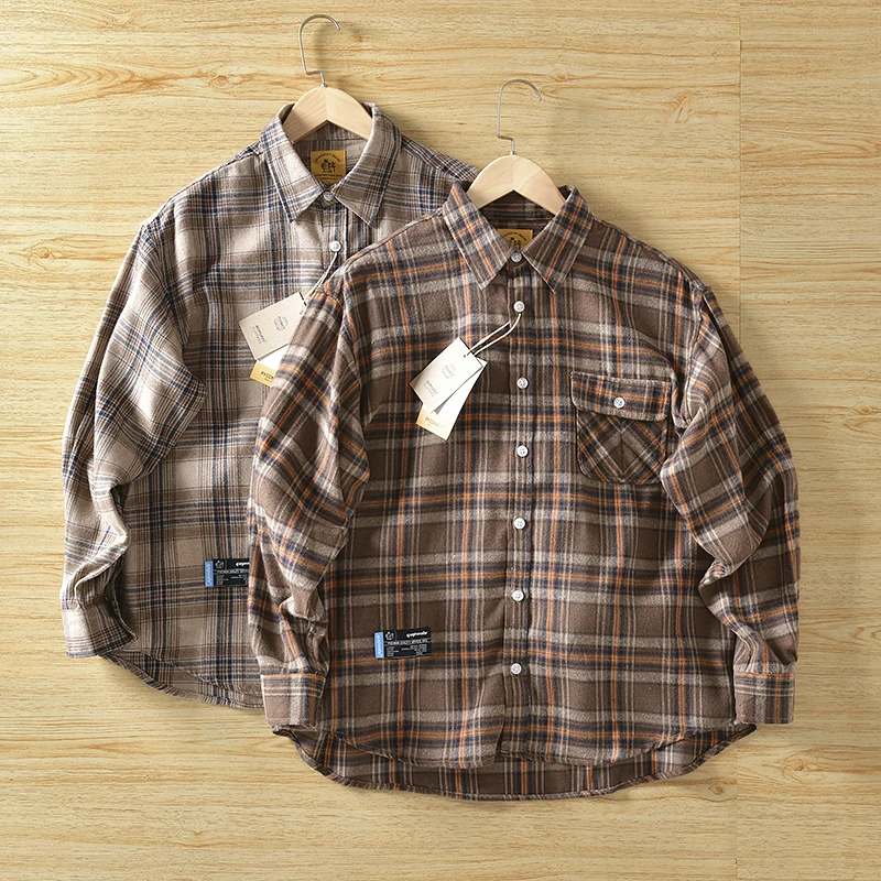 

Retro Hong Kong Style Comfortable Washed Brushed Long Sleeve Plaid Loose Fit Men's Shirt Autumn Casual Standard Youth Fashion