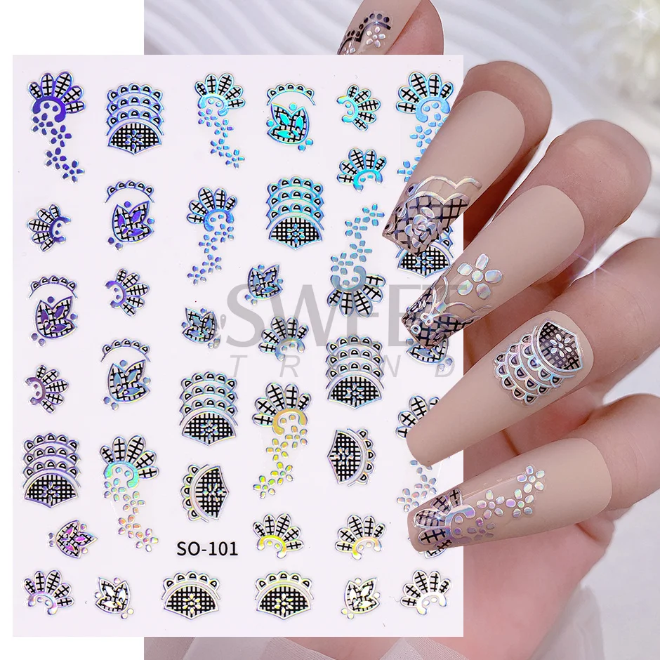 Holographic Silver Nail Stickers French Manicure Flower Rose Lace Elegant Valentines Design Gel Polish Sliders for Nails SWSO