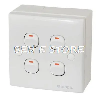 AC 250V 10A 4 Gang Buttons On/Off SPST Square Wall Plate Light Switch White