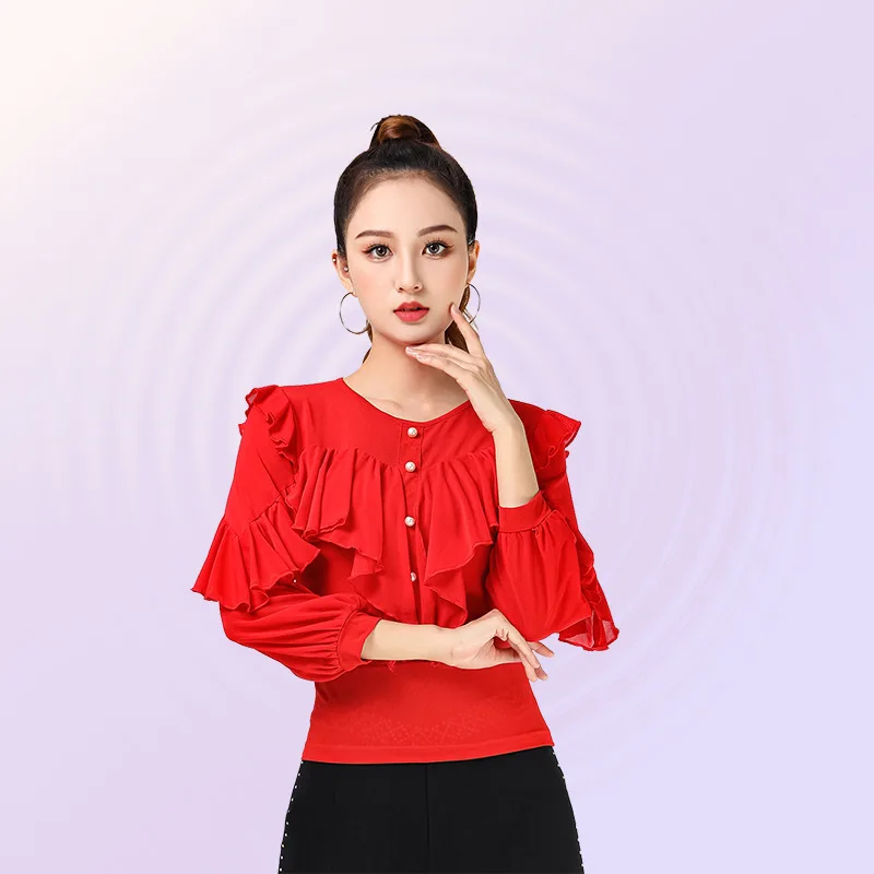 Dancewear Vrouwen Tops Latin Klassieke Dans Kostuum Samba Ballroom Tops Pole Effen Kleur Lange Mouw Avond Shirt Lijn Dans Top