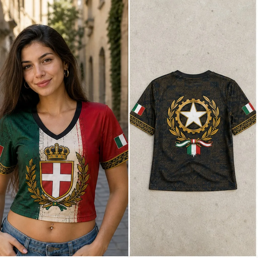 Women Italy V Neck Crop Top Royal Shield Star Laurel Print Short Sleeve Summer Street Travel Casual Fashion Tee Style Streetwear