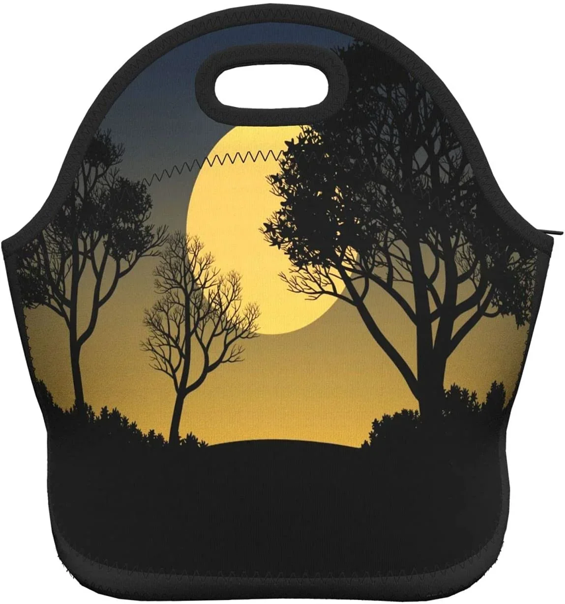 Sunset Full Moon dengan kotak tas makan siang Neoprene pohon hutan hitam, tas Tote pengatur tas Bento pendingin tahan lama