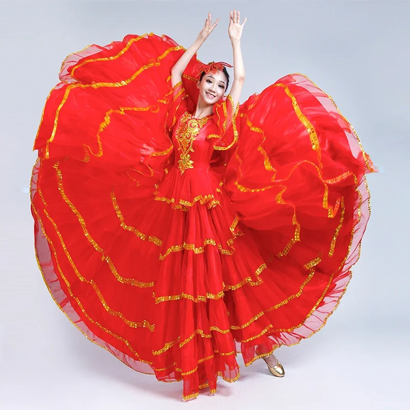 Estilo cigano moderno feminino espanhol flamenco saia desempenho trajes de dança do ventre plissado vestido equipe desempenho dl3479