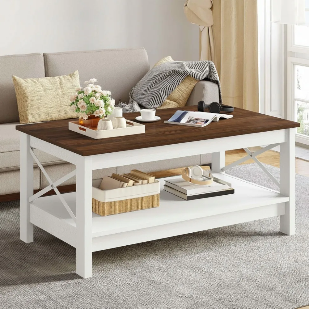 طاولة قهوة حديثة للمزرعة مع مساحة تخزين، طاولة مركزية خشبية من طبقتين لغرفة المعيشة، إطار قوي على شكل X #1