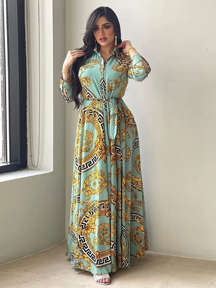 

Ethnic Print Maxi Dresses for Women Single-breasted Lapel Shirt Dress Dubai Turkey Arabic Oman Middle East Clothing 2021 New