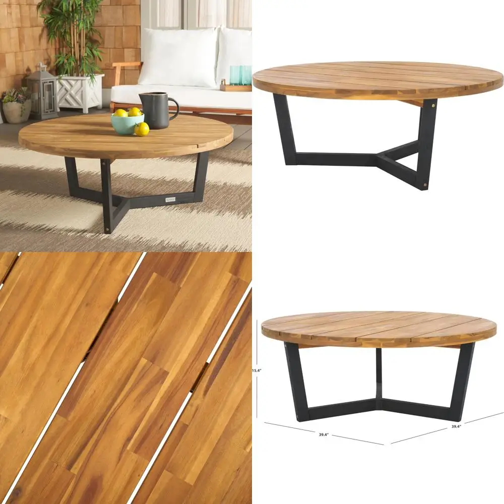 Leo Collection Natural Black Solid Wood Round Coffee Table