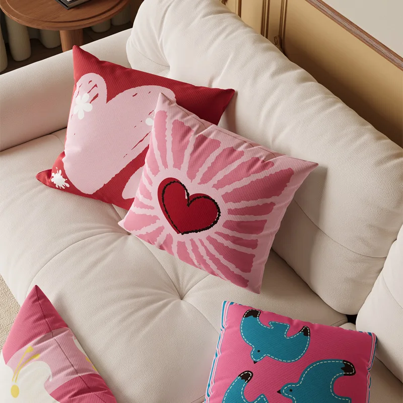 2-piece Cartoon Heart Print Cushion Cover Wedding Throw Pillow Case Romantic Love Theme Home Decor Couples Bride Groom Gift