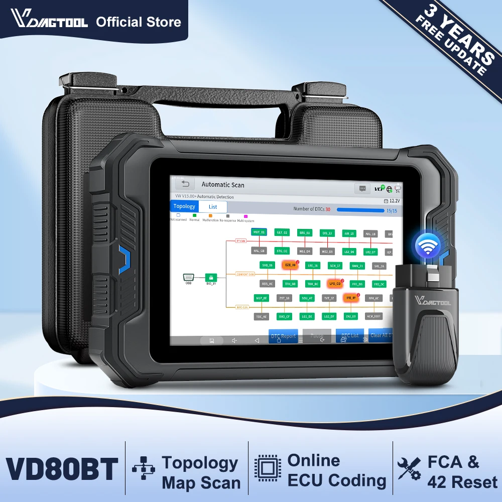 VDIAGTOOL VD80BT Samochodowe narzędzie diagnostyczne Skaner OBD2 z mapą topologiczną 42+ funkcji resetowania Kodowanie ECU Testy aktywne FCA/CAN FD/DOIP