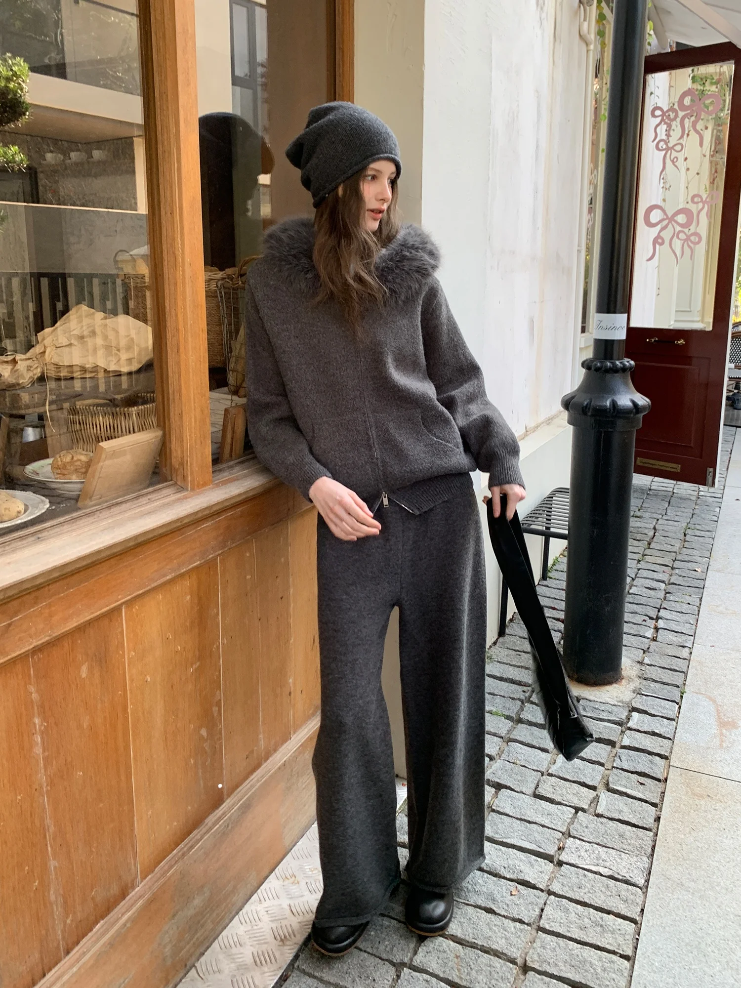 

EGGKA Women's Zipper Hooded Sweater Coat with Detachable Fur Collar Casual Long Pants Autumn Winter Fashionable Comfortable