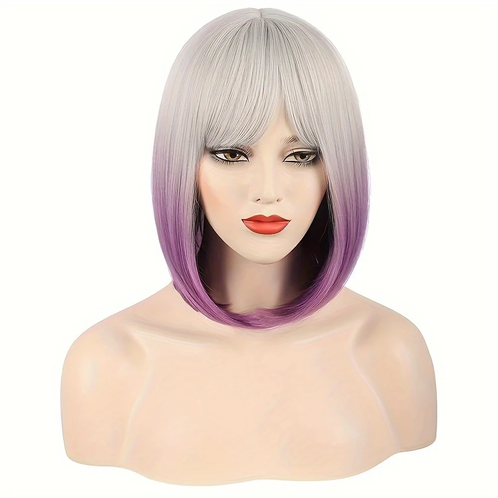 باروكة بوب قصيرة مستقيمة مع غرة للنساء - باروكة صناعية ملونة للحفلات التنكرية اليومية #3