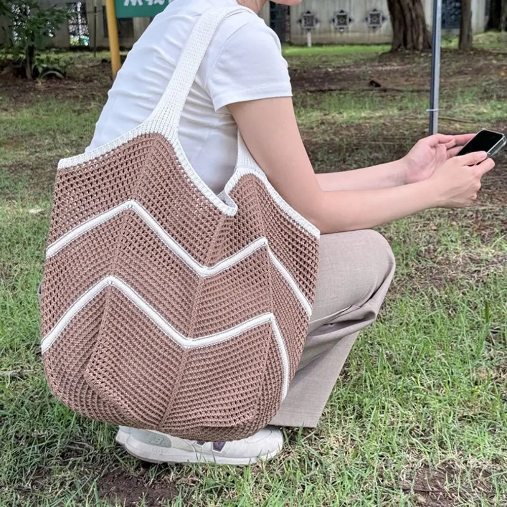 

Bohemian Knitted Shoulder Bag Hollowed Out Large Capacity Casual Woven Handbag Eco-Friendly Spacious Crochet Tote Bag Girls