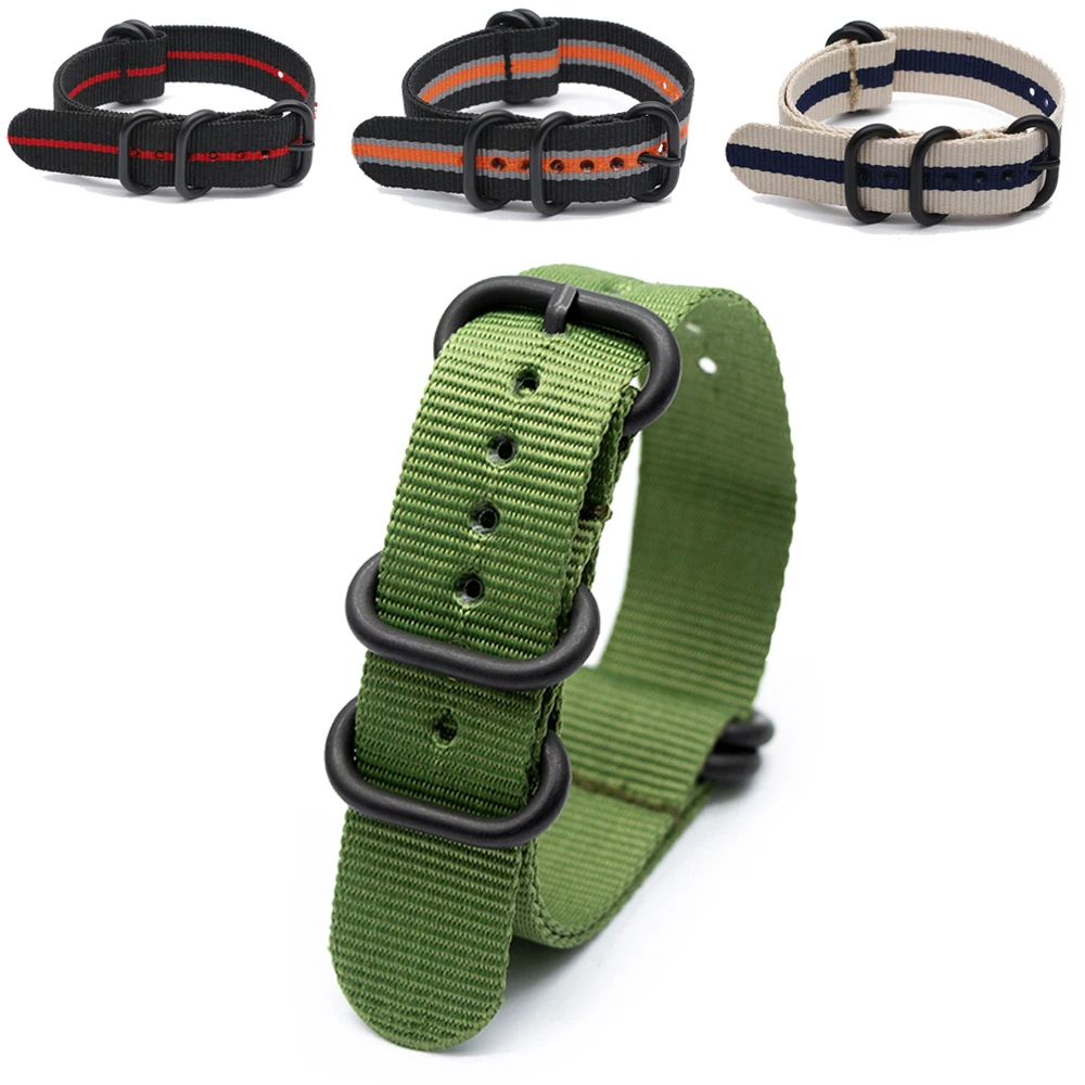 3  Army Sports Wristband for Watch Strap Nylon Cloth Stripe Bracelet with Black Heavy Ring Buckle for 18mm 20mm 22mm 24mm