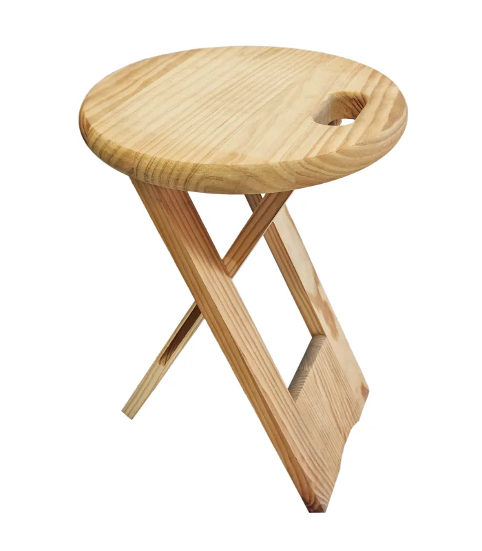 Tradineur Round Wooden Folding Stool with Handle and Footrest, Stable and Robust, Garden Bench, Balcony, Terrace,