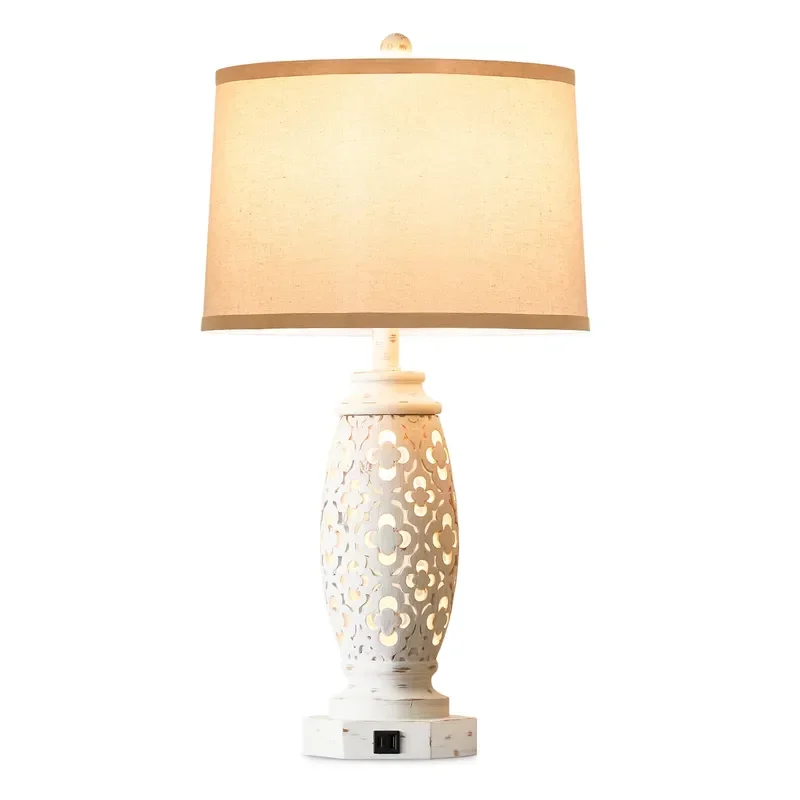 for Living room bedroom with 28.5 inch farmhouse lamp, bedside table lamp with 2 USB ports, white hollow resin lamp