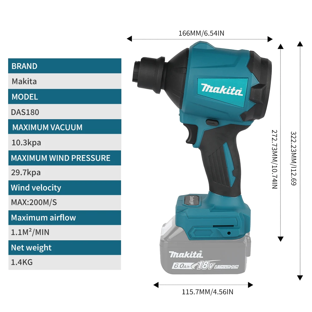 Makita DAS180 18V Cordless Brushless Air Blower Gun Max 200m/s Wind Speed 1.1m³/min Airflow Multi‑Nozzle Dust Removal Hand tools