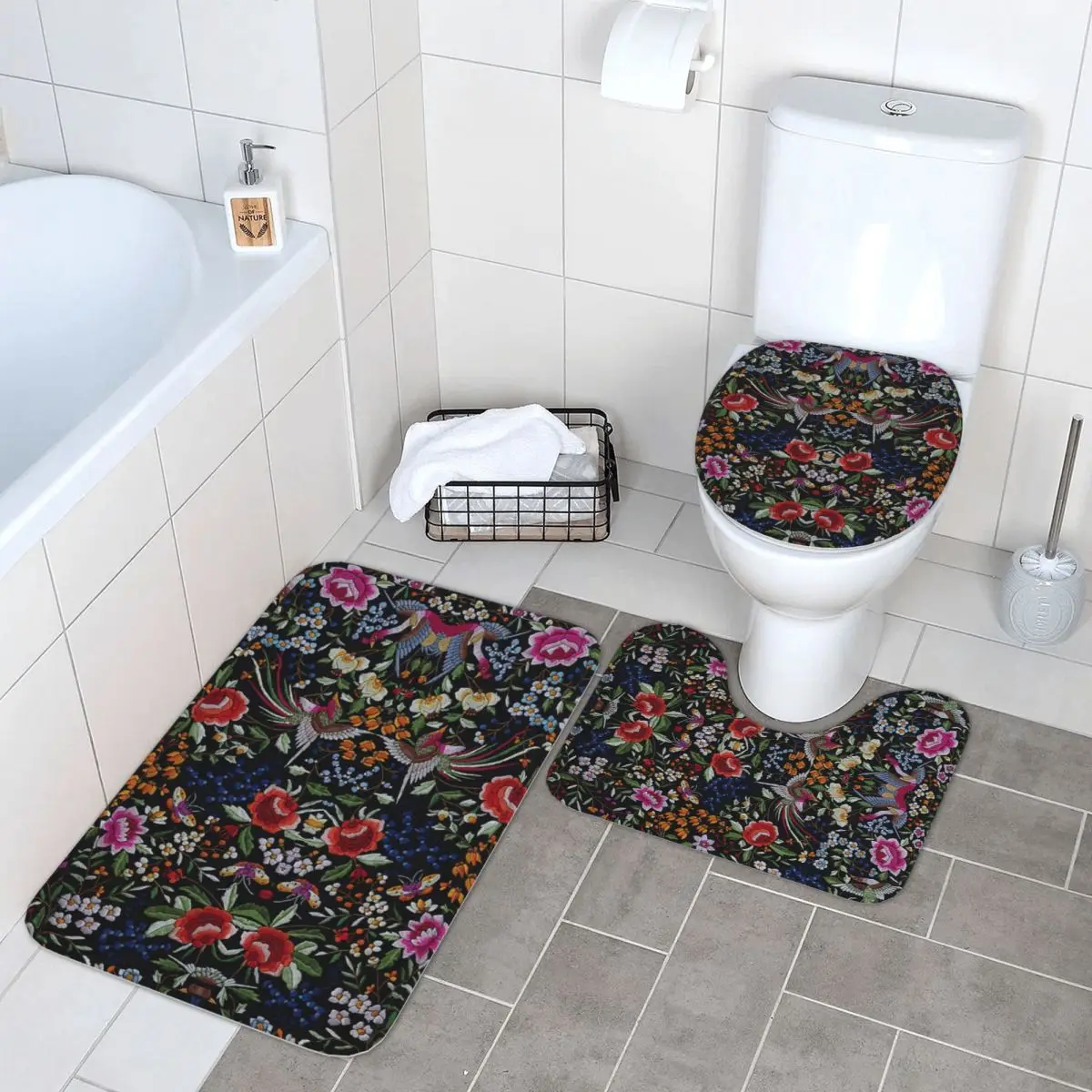 Alfombra de baño con motivo de Mantón de Flamenco español, juego de baño de 3 piezas, cubierta de tapa de inodoro, decoración del hogar, alfombra antideslizante