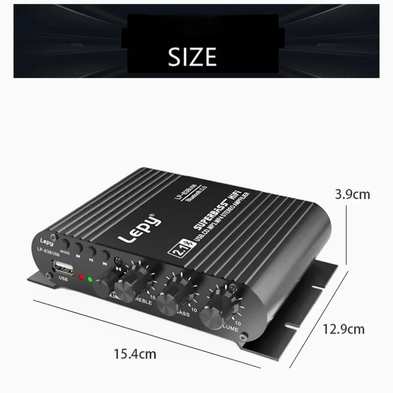 

Audio Amplifier LEPY838USB Bluetooth Subwoofer Amplifier Computer 12V Car Home Amplifier U Disk Lossless Music 2.1 Channel HiFi