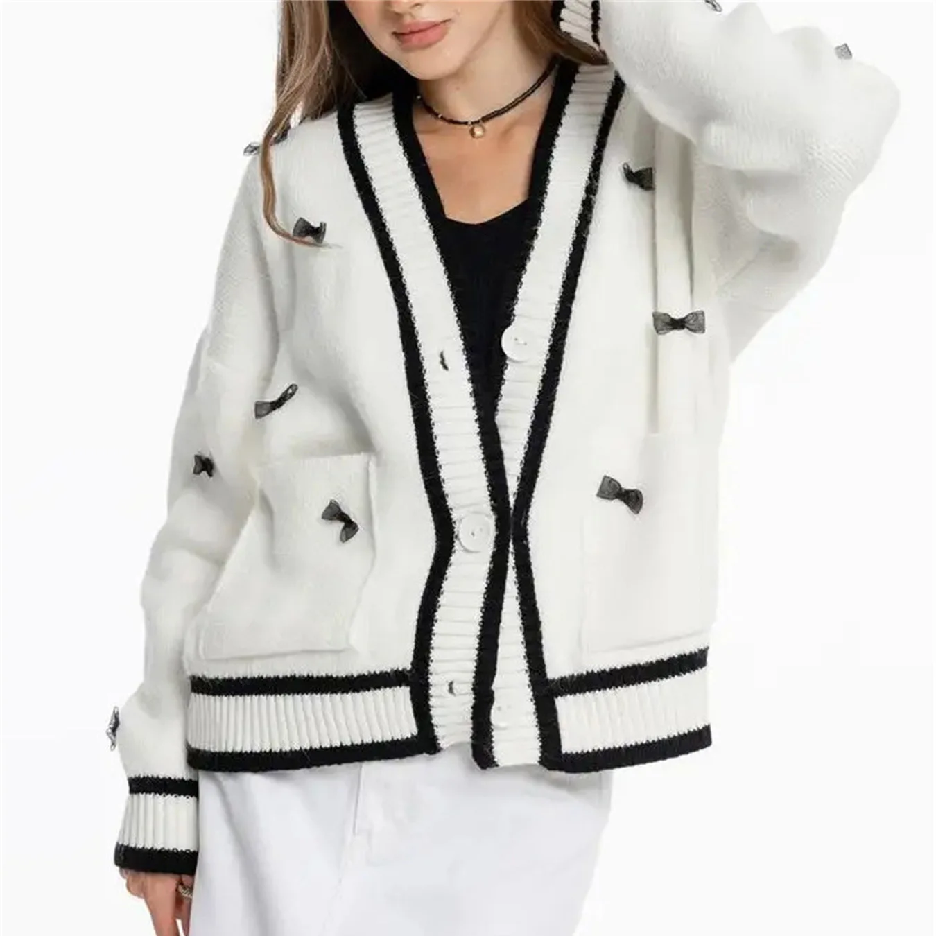 

2023 Autumn/Winter New Loose Bow Pocket Single Breasted Knitted Sweater Cardigan Coat Women