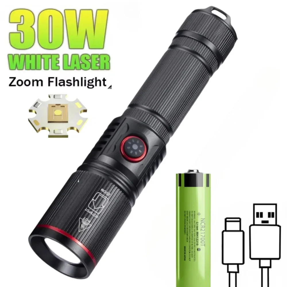 

Powerful 30W White Laser Zoom Flashlight Use 18650 or 21700 Battery Rechargeable Torch Outdoor Hunting Emergency Lighting Lamp