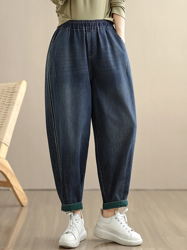 กางเกงยีนส์เดนิมทรงหลวมแบบเรโทร แต่งผ้าปะติด ปลายขาจั๊มพ์ เอวสูง ทรงสลิม 9 ส่วน สไตล์ลำลอง สำหรับผู้หญิงไซส์ใหญ่