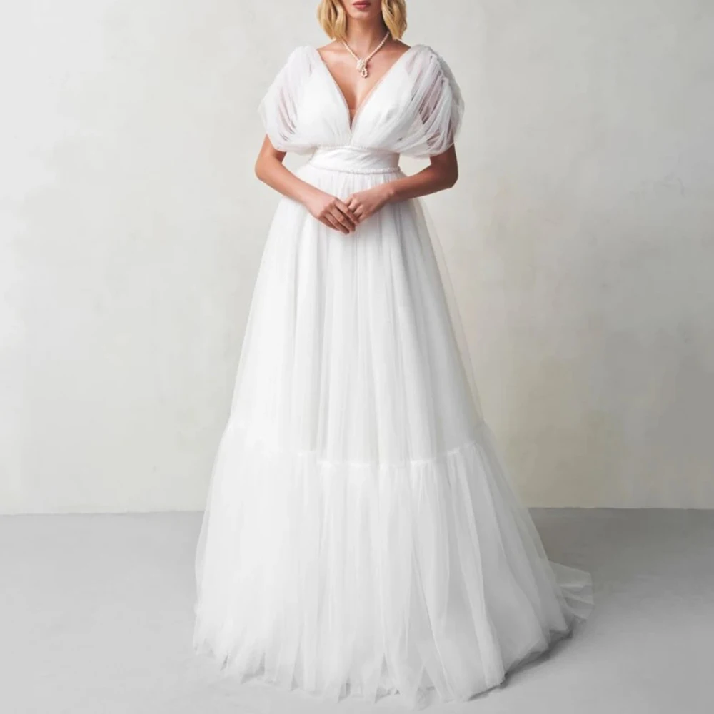 

Vintage V-Neck Wedding Dress Pleat Short Sleeves A-Line Tulle Floor Length Sexy Open Back Bridal Sweep Train Beading Gowns