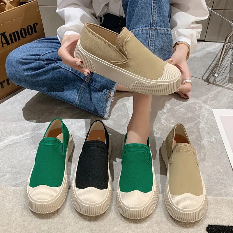 Slip on Lazy Single Shoes Women\'s New Fashion Muffin Thick Soled Canvas Women\'s Shoes Leisure Lefu Shoes In Spring 2024