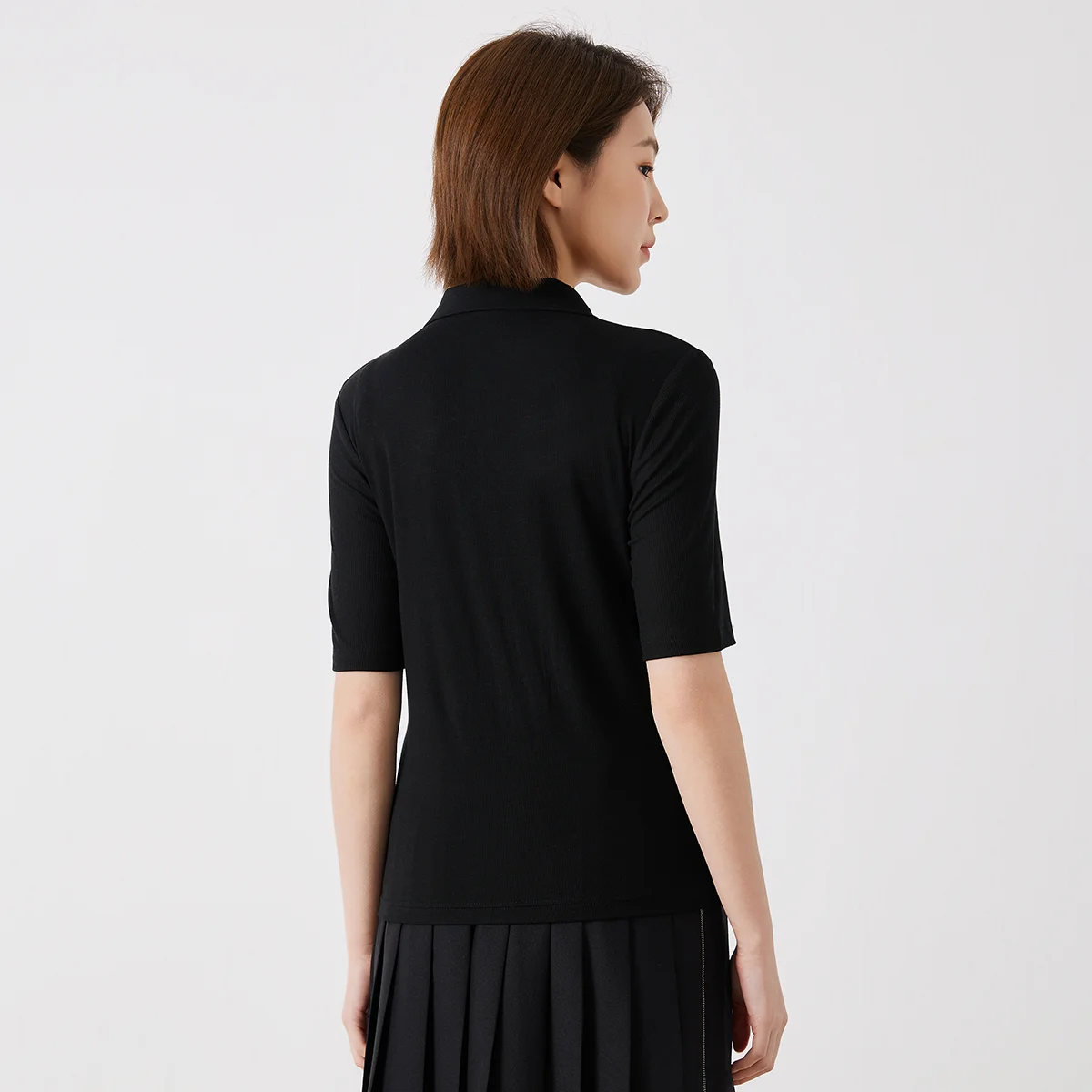 K3156W Luxury Lyocell Acetate Blend Knit Shirt Women's Zipper Polo Neck Half Sleeve Slim Fit Ribbed Top