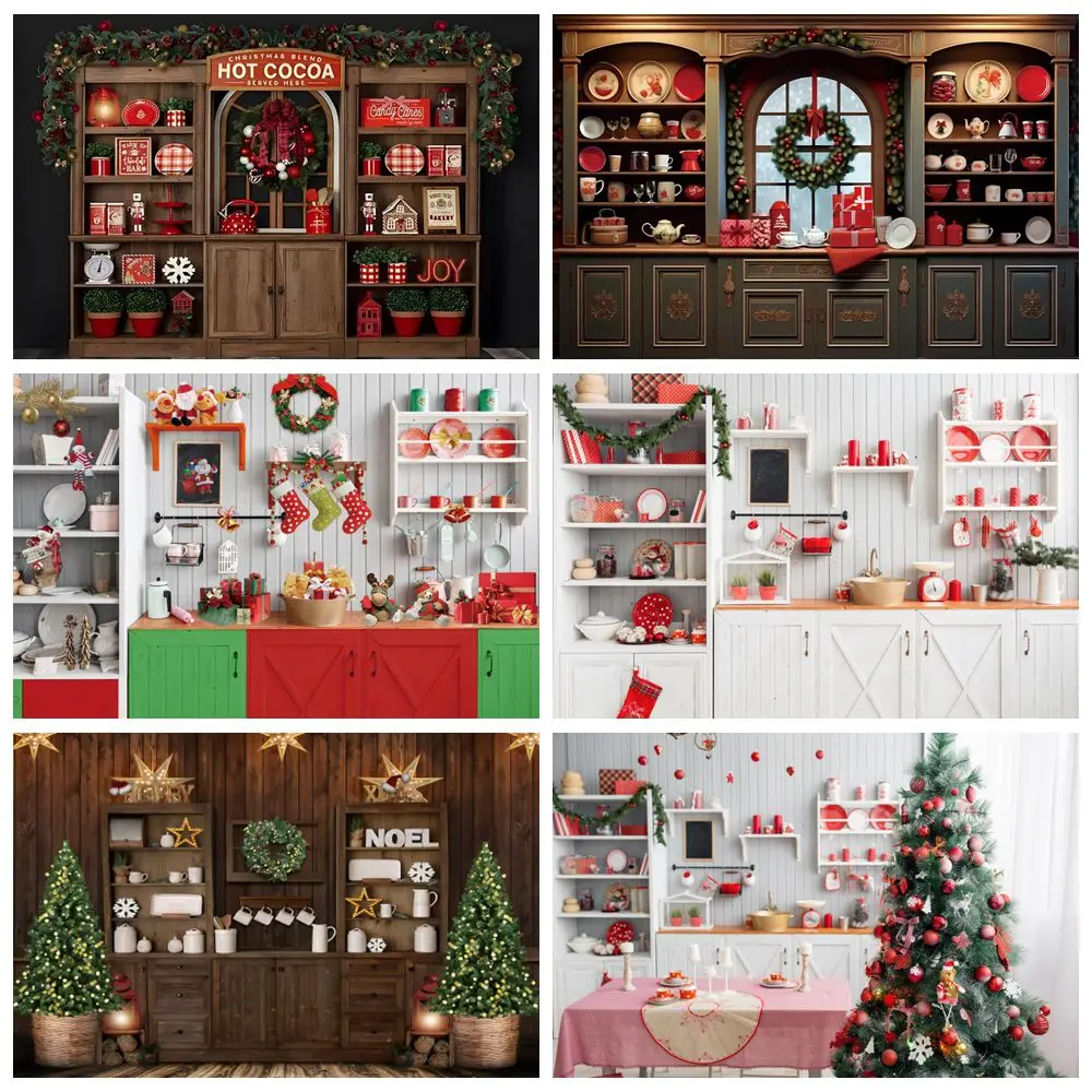 

Christmas Kitchen Backdrop Kitchenware Wreath Xmas Tree Kids Portrait Family Party Photography Background Decor Photostudio Prop