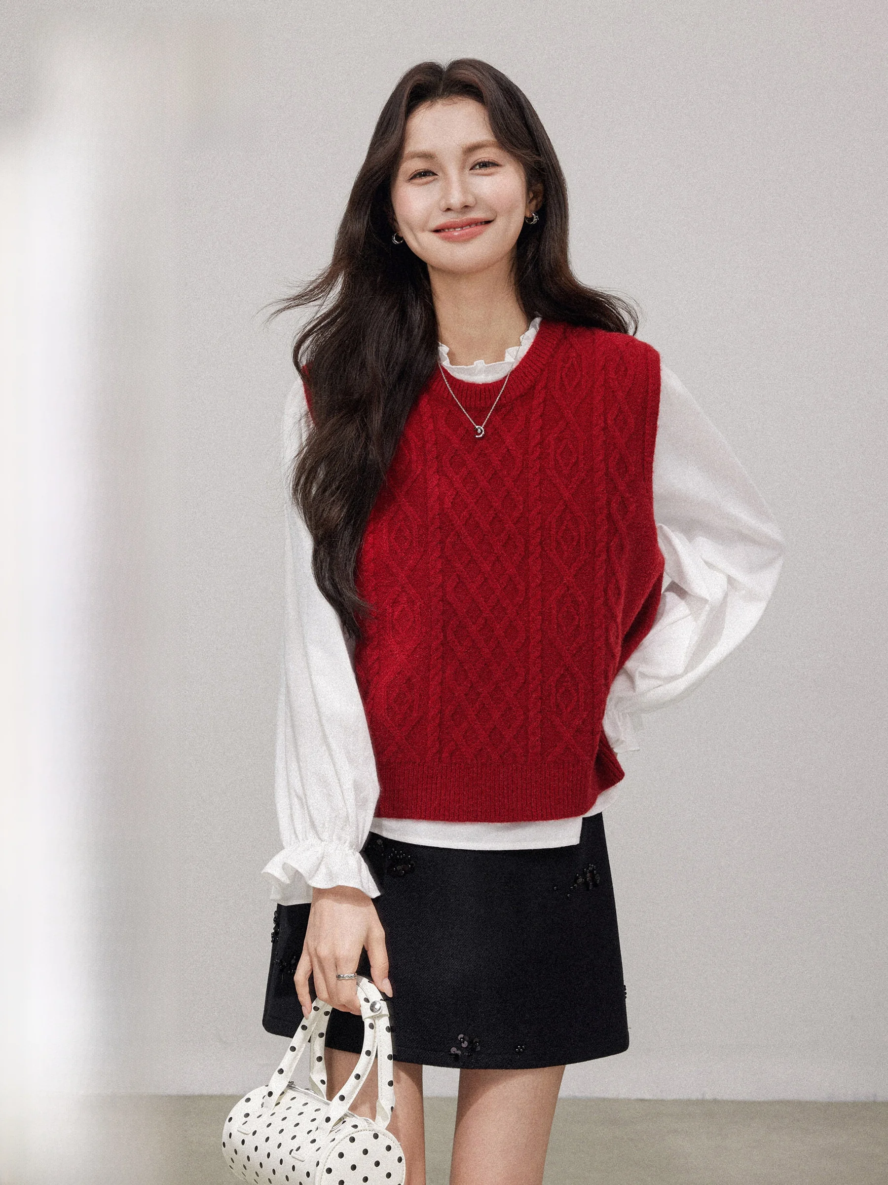 

Red New Year Knitted Twisted oelace Women's Vest irt Two-Piece Set Spring Autumn Design Sense Layering Casual Sle