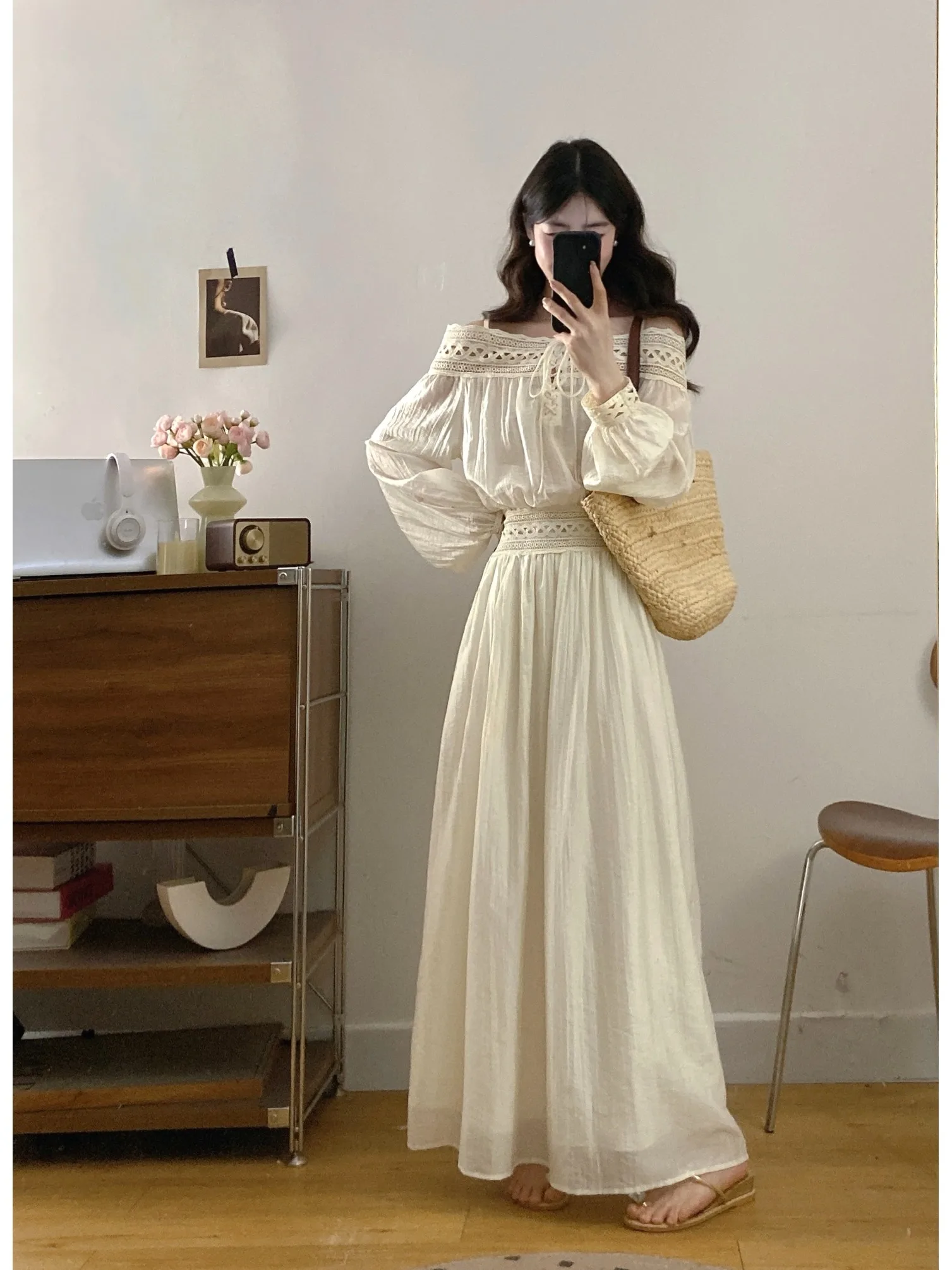 

plus Size Women's Summer New Holiday Style One Shoulder A-Line Dress Hollow out Lace High Waist Long Sleeve Mid-Length Dress