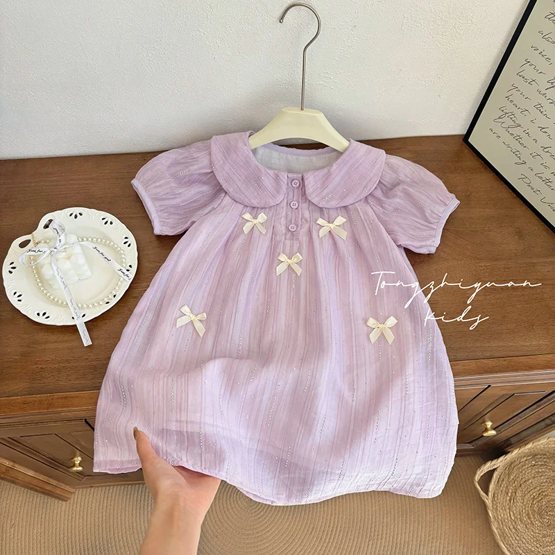 2026 Summer Girls Dress Children Purple Glitter Bow Gown Kids Casual Trendy Sleeveless Gown Princess Blingbling Fashion Clothing