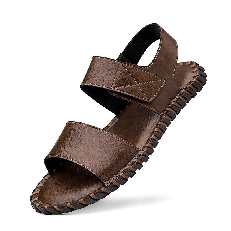 Men Artificial Leather Sandals Adjustable Strap Open Toe Casual Summer Walking Sandals Hand Stitched Non Slip Flat Beach Sandals