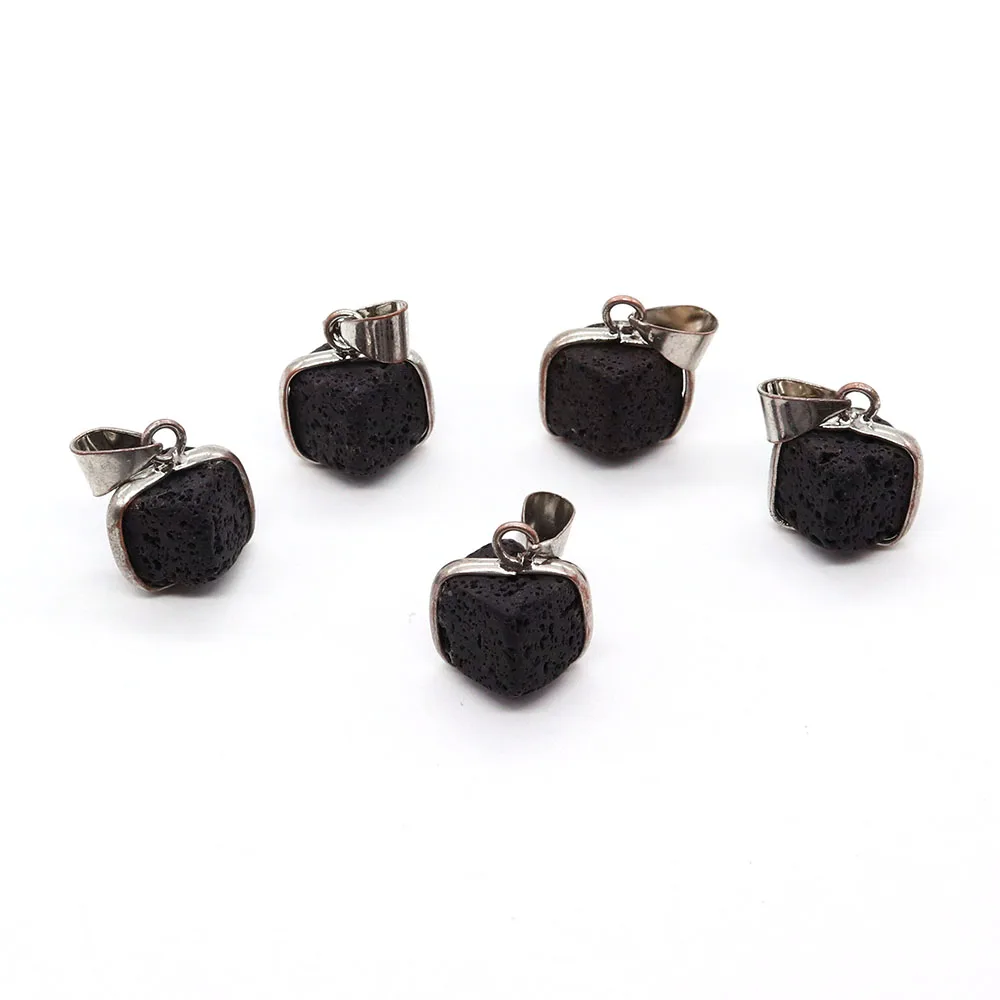 Fashion Small Square Necklace Natural Stone Volcanic Rock Pendant Black Molten Rock Men's Women's Jewelry Making Gift 17x18mm