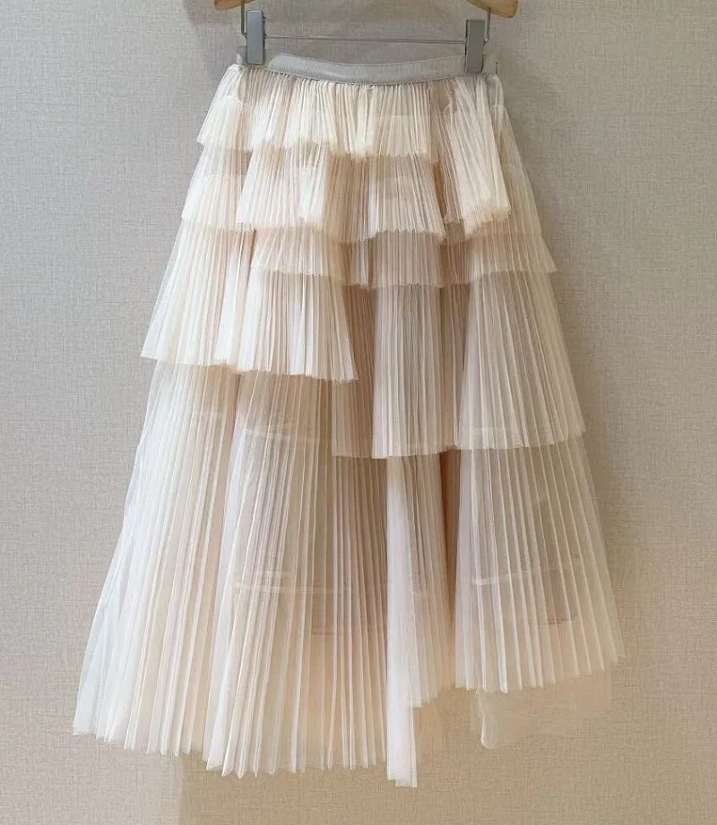 

Ball Gown Skirts 2025 Autumn Designer Fashion Clothes Women Cascading Ruffle Sexy Asymmetrical Apricot Black Long Mesh Skirts