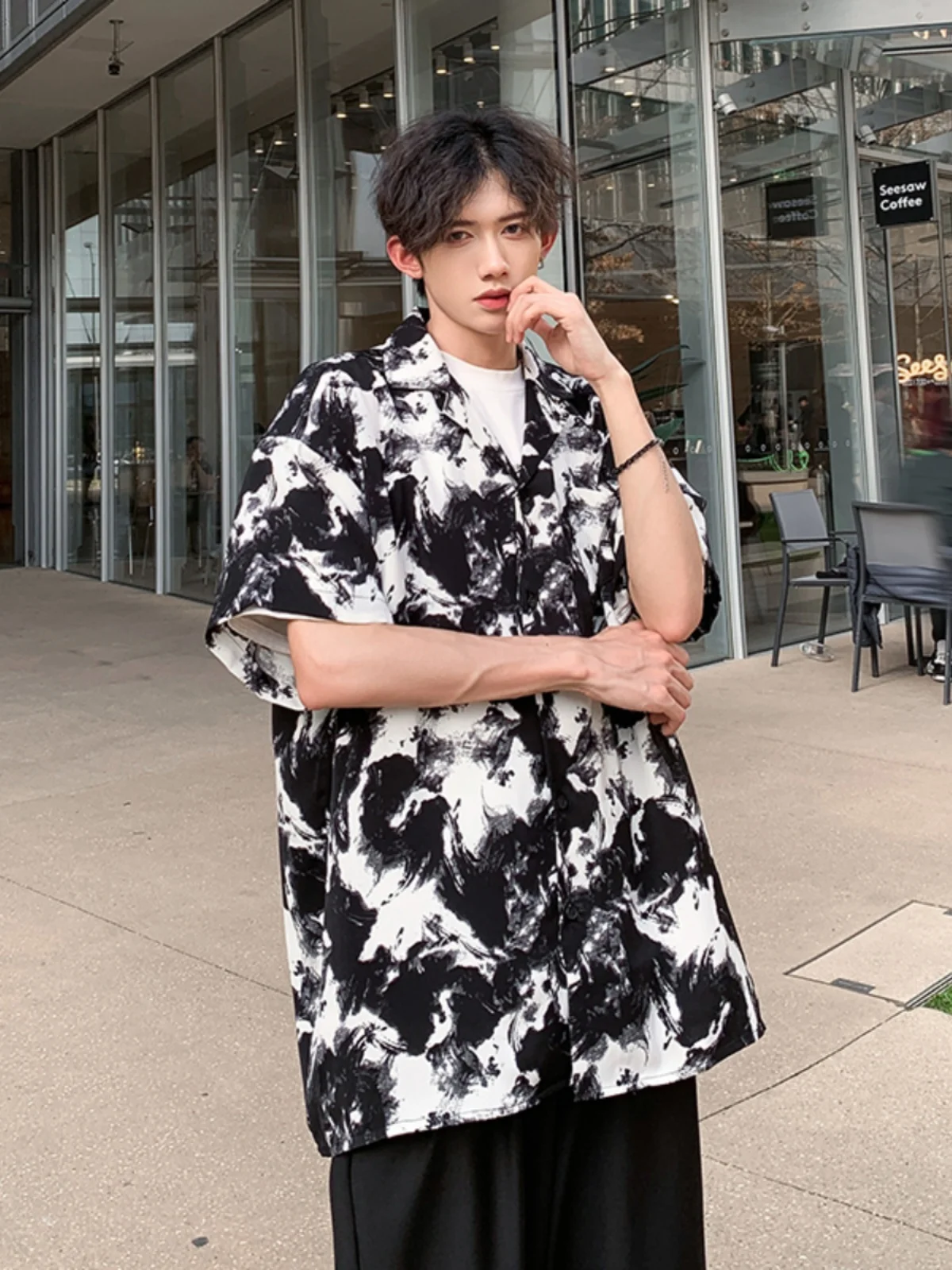 Cuban Collar Dyed Shirt Men's Short Sleeve Summer Vintage Baroque Jacket Premium Feeling Handsome Seven-Five Sleeve Shirt