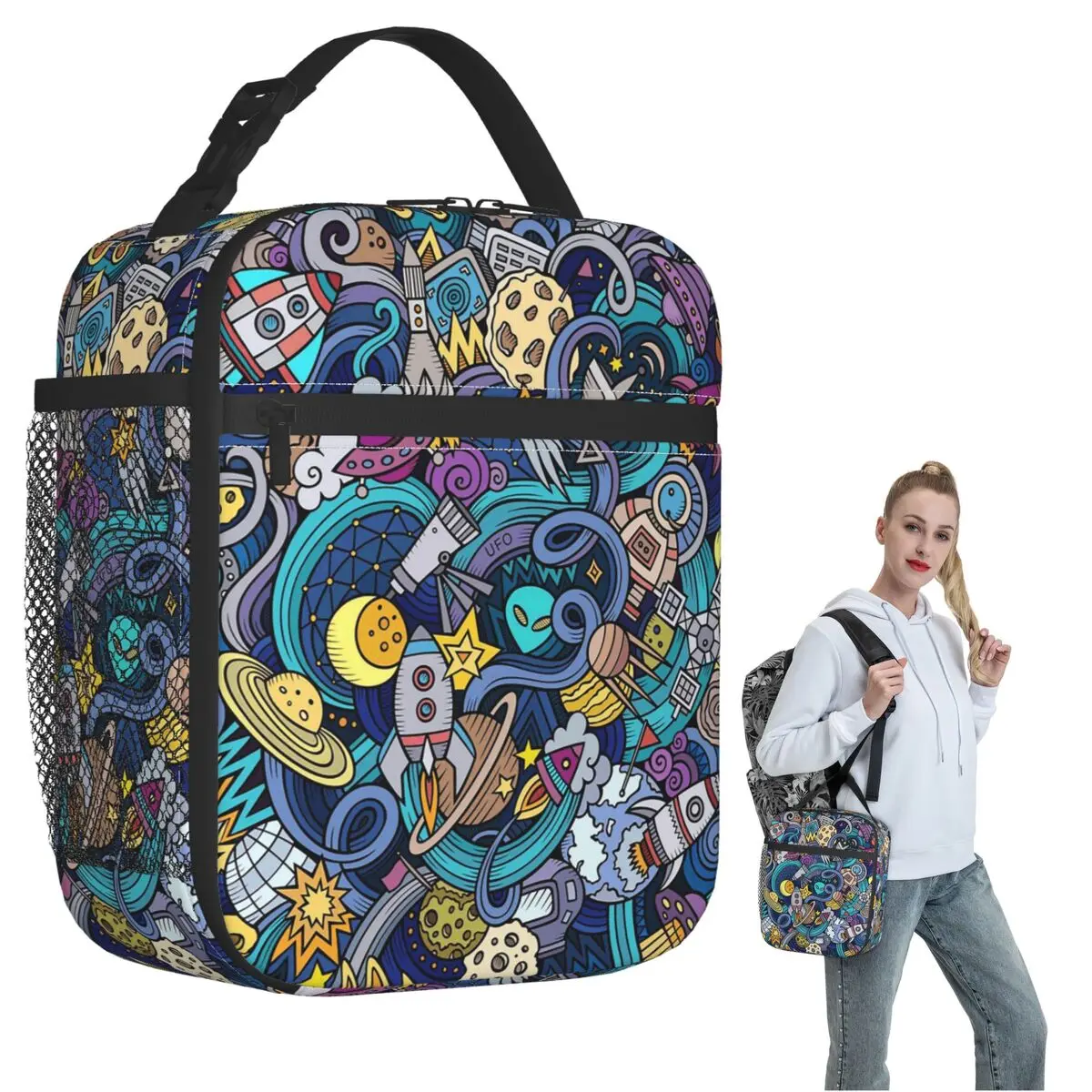 Colour Alien Rocket Spaceship Pattern Insulated Lunch Bag for Women Children Portable Food Boxes Thermal Lunch Box Tote