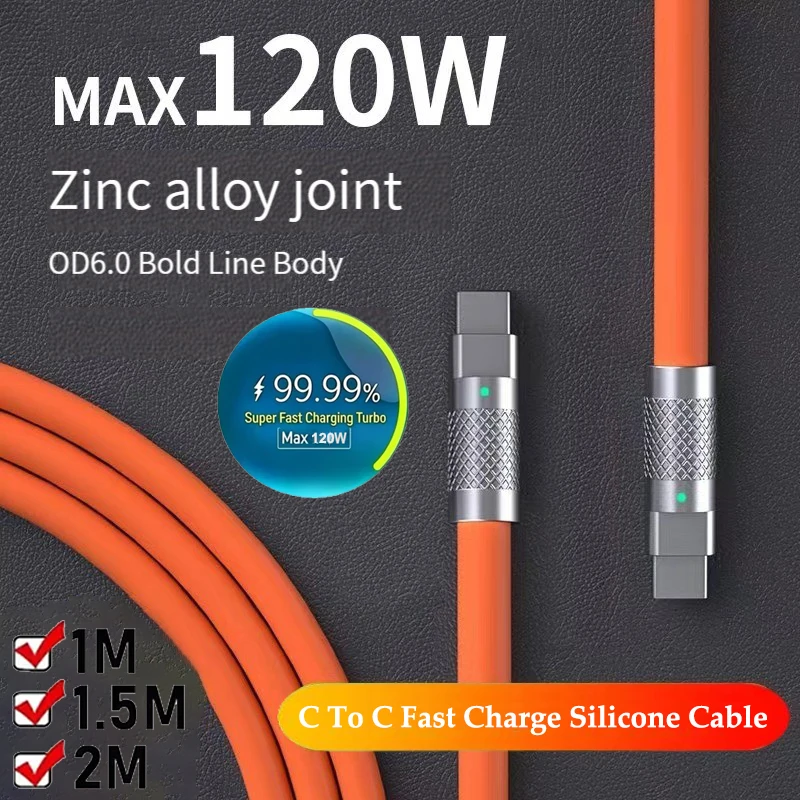 10A 120W Superschnelles Ladekabel PD Typ-C Flüssigsilikon 1/1,5/2M C-zu-C Schnellladekabel für Xiaomi iPhone