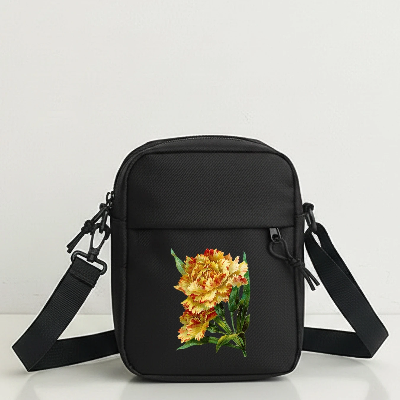 Retro Carnation Pattern Crossbody Bag Removable Strap Shoulder Tote Zip Casual Messenger Purse for Travel Party Work School
