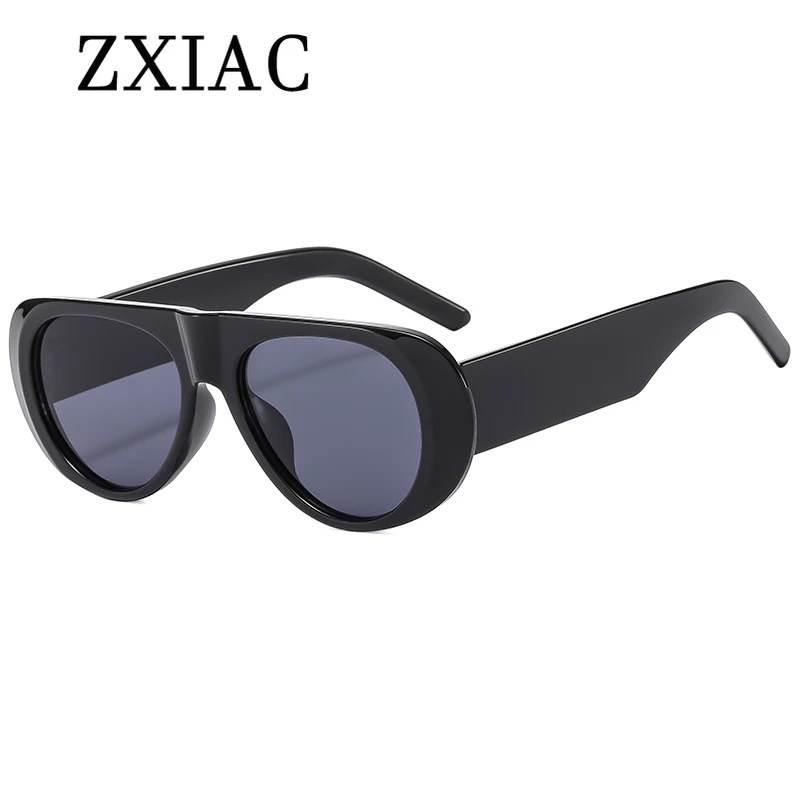 ZXIAC Retro Oval Large Frame Sunglasses Women New Trendy Wide Temple Flat Top Sun Glasses Men Gray Blue Lens Casual Shades UV400