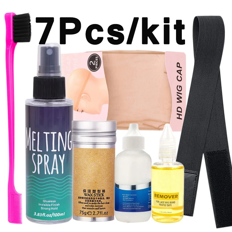 

Набор спреев для плавления кружева, 7 шт., клей для кружевного парика, клей для волос и средство для удаления клея и удаления, восковая палочка для волос, кисть для краев HD, кепка для парика, лента для парика